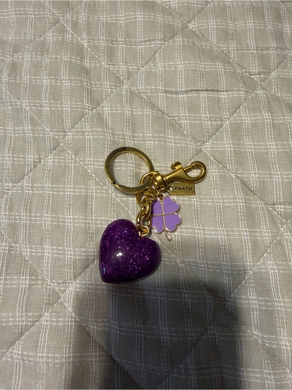 Coach Purple Glitter Heart & Lavender Clover Gold-Tone Keychain